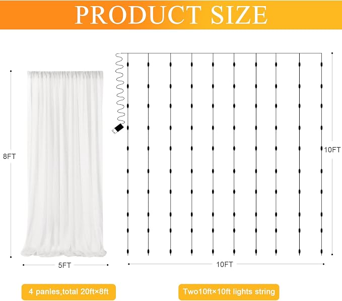 Tulle Backdrop Curtains with Lights Sheer Ivory Curtain Backdrop 20x8ft | Tulle - Image 2