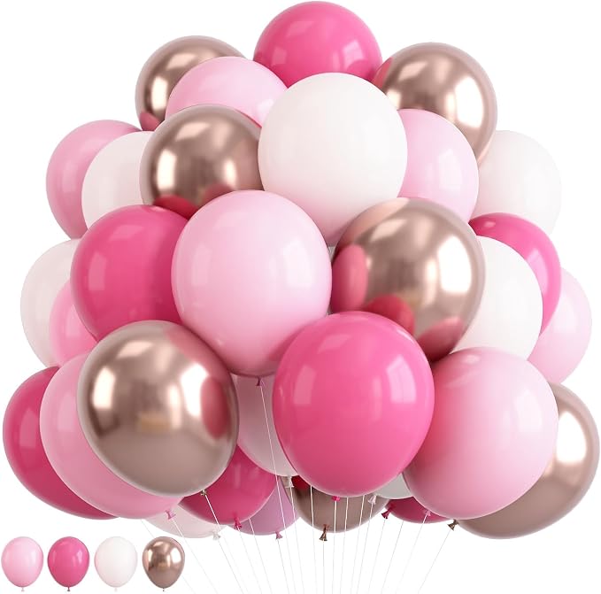Pink Balloons Set, 12inch Retro Pastel Hot Light Pink Rose Gold White Latex by Paeyeq