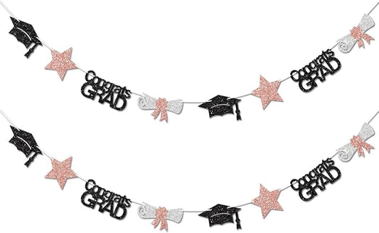 Black and Rose Gold Congrats Grad Banner Graduation Decorations Class of 2026 by Vofrise