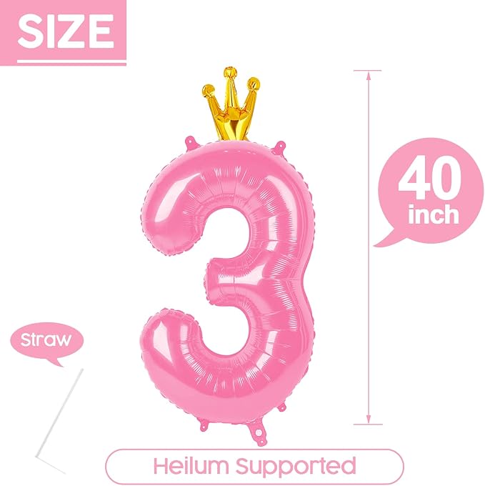 3 Balloon - Pink with Crown Birthday Number Balloons, 40 Inch Decorations | - Image 5