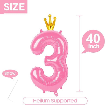 3 Balloon - Pink with Crown Birthday Number Balloons, 40 Inch Decorations | - Image 5