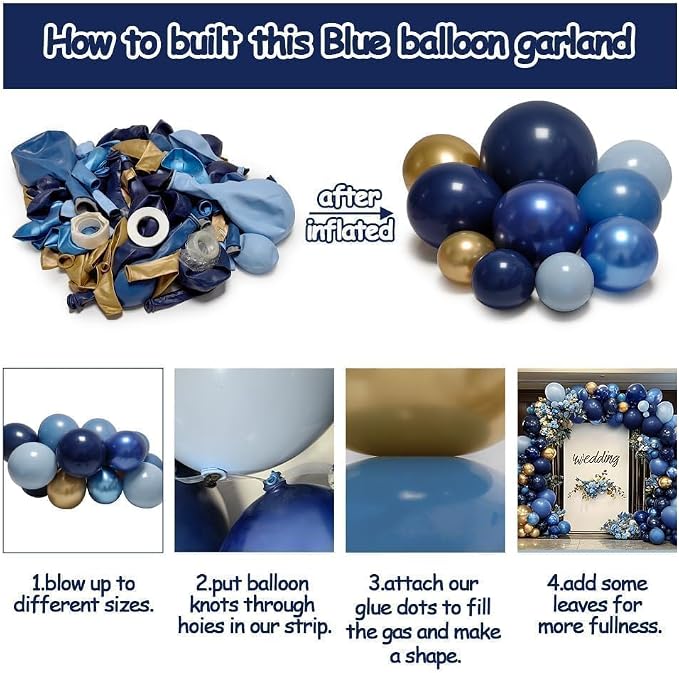 Navy Blue Gold Balloon Arch Kit, Double Stuffed Royal Pastel Blue Balloon - Image 4