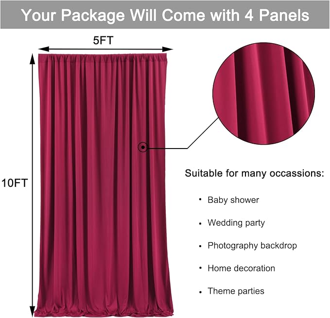 20ft x 10ft Wrinkle Free Maroon Backdrop Curtains - Image 6