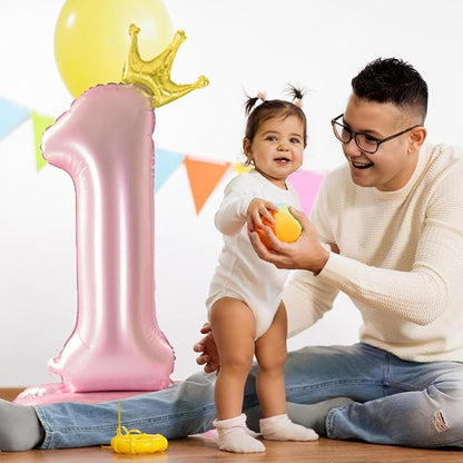 42 Inch Crown Pink Number Balloon, Number 1 Balloon - Image 3