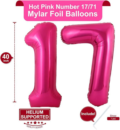 40 Inch Hot Pink 17 Number Balloons Giant 17 Balloons Hot Pink Birthday 17 - Image 2