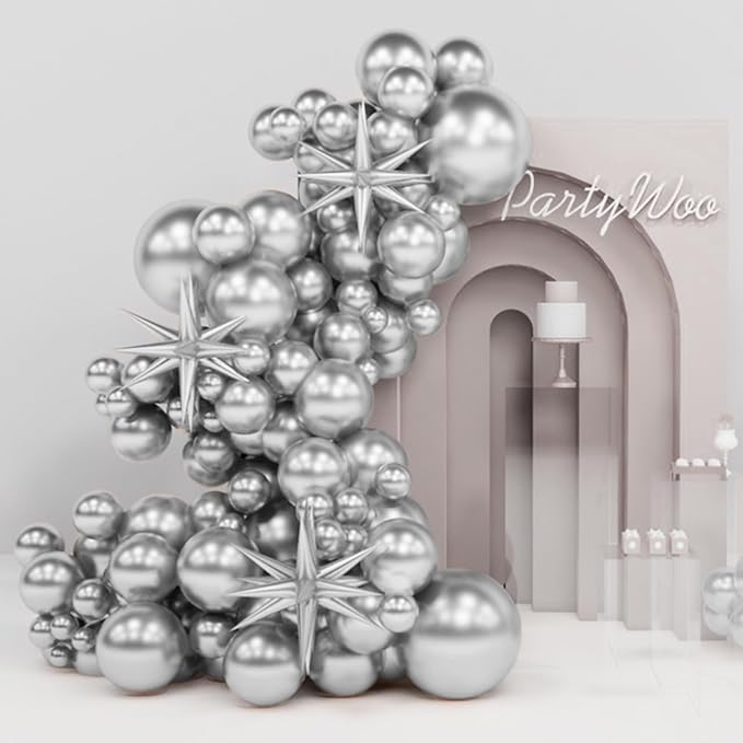 PartyWoo Metallic Silver Star Balloons 110pcs Different Sizes 18 12 10 5 Inch by PartyWoo