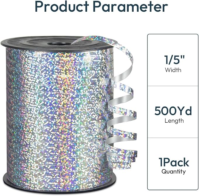 Premium Silver Shiny Curling Shiny Ribbon, 1/5" Wide x 500 Yards Christmas - Image 2