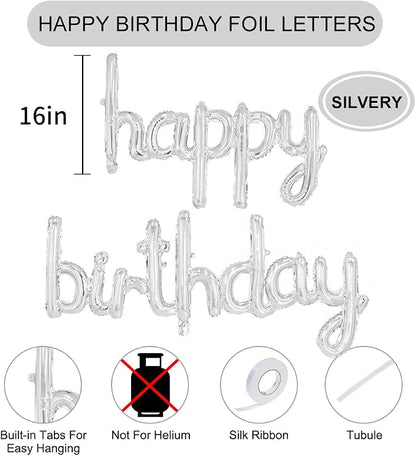 TONIFUL 16 Inch Silver Cursive Happy Birthday Balloons Banner Decorations | - Image 2