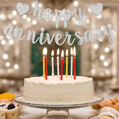 Pre-Strung Happy Anniversary Banner Bunting Silver Hanging Sign Garland - Image 4