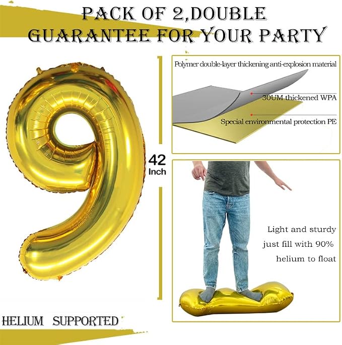 Gold Foil Balloons Number 9, Huge Number Balloons - Image 3