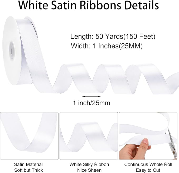 woric White Satin Ribbon 1 Inch x 50 Yards Single Faced | Polyester Satin - Image 2