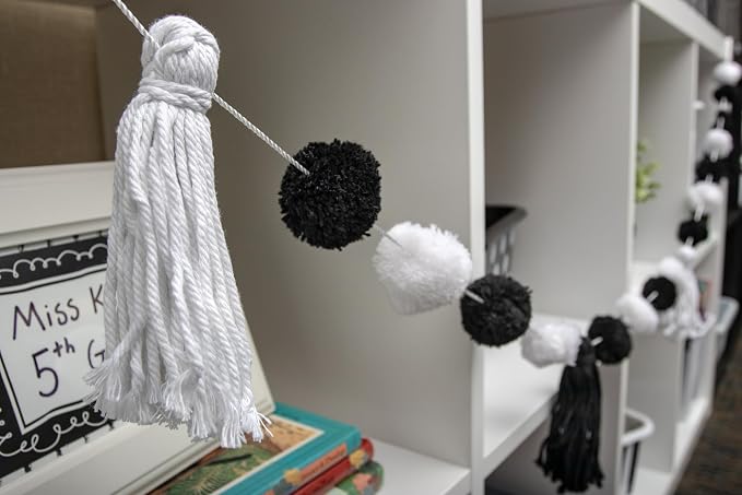 Teacher Created Resources Black and White Pom-Poms and Tassels Garland - Image 3