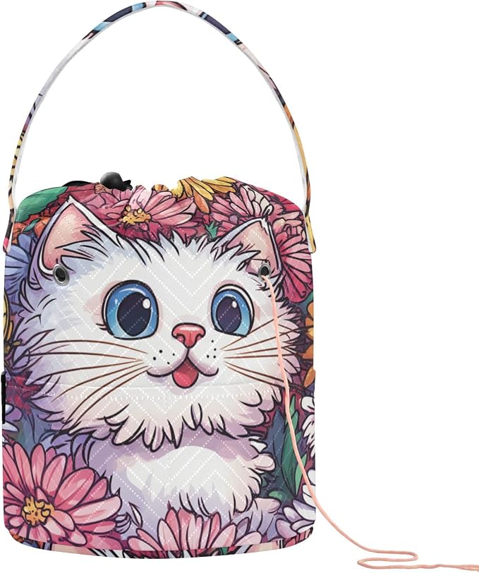 Cute Chrysanthemum Cats Butterflies Yarn Bag Small Crochet Bag Drawstring Yarn by Tatenale