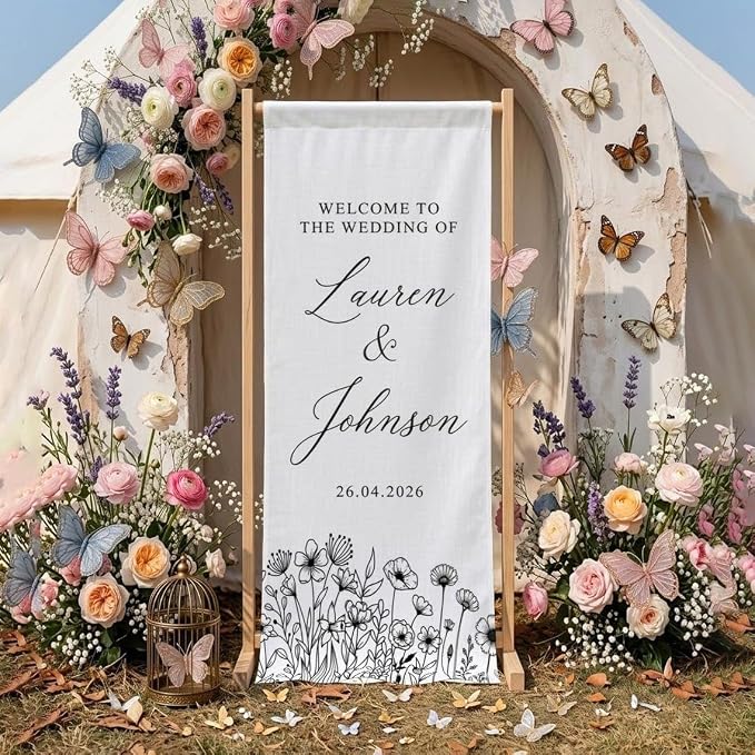 Personalized Wedding Welcome Banner Linen – Custom Names & Date, Elegant Fabric - Image 2