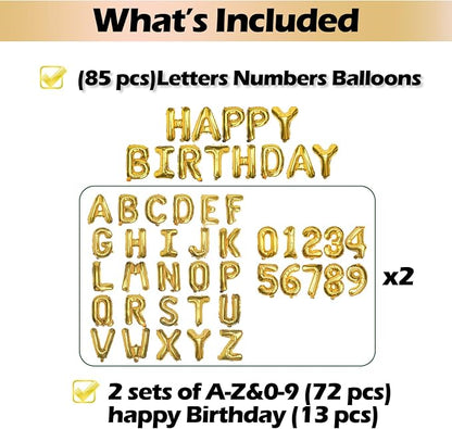 16" Gold Letter Number Balloons, Happy Birthday & 2 Sets of A-Z 0-9, Foil Mylar - Image 2