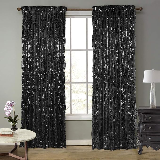 18MM Black Big Sequin Payatte Backdrop Curtains 4.5FTX9FT 2 Panels-Black Drapes by SFNSKY