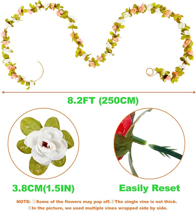 Artificial Flower Garland 8pcs 8.2ft Rose Vine Decor, Hanging Faux Roses String - Image 6