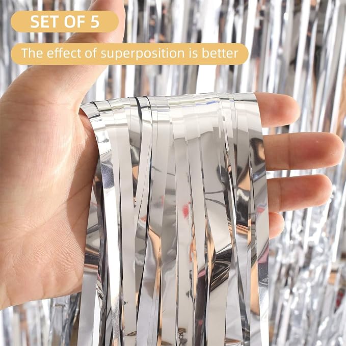 5 Pack Silver Foil Curtain Backdrop 3.2ft x 9.8ft Metallic Tinsel Foil Fringe - Image 2