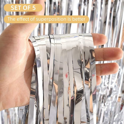 5 Pack Silver Foil Curtain Backdrop 3.2ft x 9.8ft Metallic Tinsel Foil Fringe - Image 2