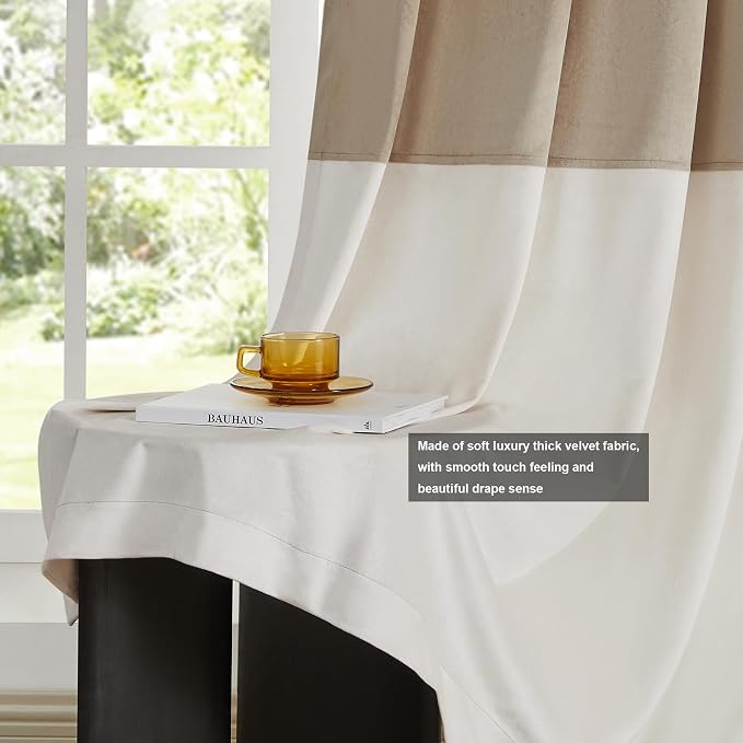 BULBUL Luxury Color Block Velvet Curtains 102 inch- Cream Ivory Champagne | - Image 5