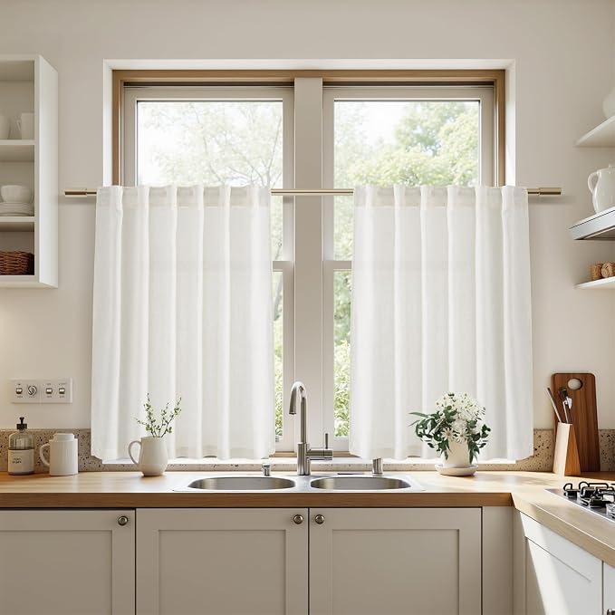 Beige White Linen Curtains for Kitchen Windows Over Sink Neutral 30 Inch Length - Image 8