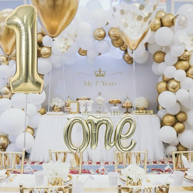 2Pcs Champagne Gold Foil 40" Number 1 and 26" Script Letter One Balloon Set | - Image 5