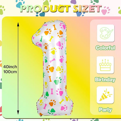 40 Inch Multi-color Dog Paw Birthday Balloons, Numeral 1 Birthday Balloons - Image 2