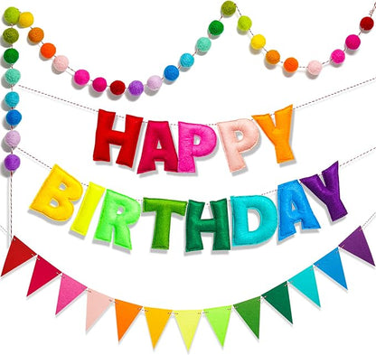 3 Pcs Pre-Strung Reusable Happy Birthday Banner, Handmade Wool Felt Ball Garland by Unknown