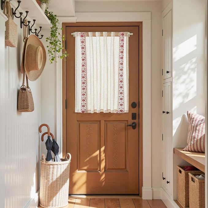 jinchan Red Floral Embroidered Linen Kitchen Curtains 54×45 Inch 2 Panels | - Image 4