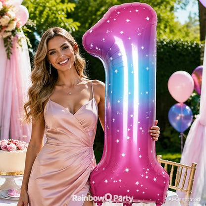 RainbowQ Blue Pink 1 Balloon Number 40 Inch Big 0-10 Foil Large Balloon | - Image 5
