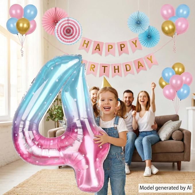 40 Inch Pink Blue Number 4 Balloon, Large Gradient Pink Blue Mylar Foil Number - Image 3