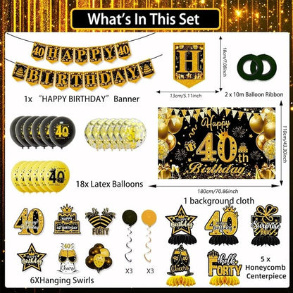 Mxdfafa 39Pcs Black Gold Glitter 40th Birthday Decorations Kit, 40th Bday Party - Image 2