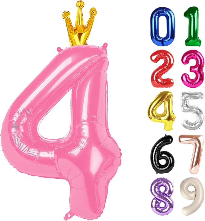 4 Balloon - Pink with Crown Birthday Number Balloons, 40 Inch Decorations | by ALPHADELTAPI