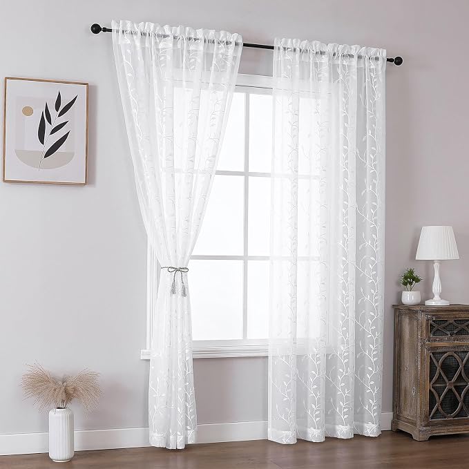 White Sheer Curtains Leaf Embroidery Linen 96 Inches Long | Light Filtering - Image 2