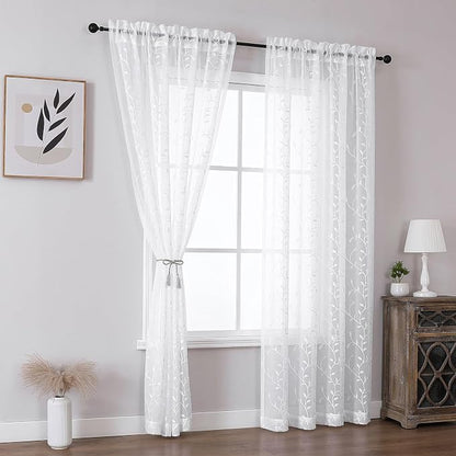 White Sheer Curtains Leaf Embroidery Linen 96 Inches Long | Light Filtering - Image 2