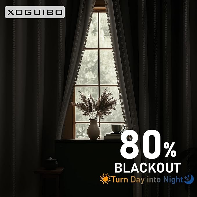 80% Boho Blackout Curtains 96 Inch Linen Blend Drapes 2 Panels | Vintage - Image 3