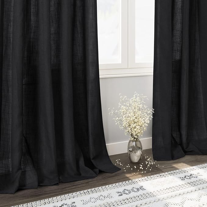 Black Curtains 95 Inches Long 2 Panel Set Back Tab Sheer Black Linen Curtain - Image 5