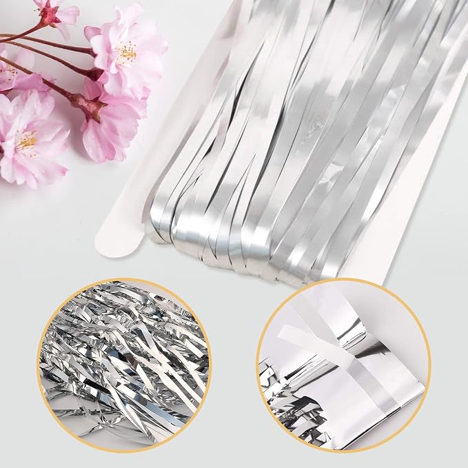 10 Pack Silver Backdrop Curtain 3.2ft x 8.2ft Metallic Tinsel Foil Fringe - Image 4