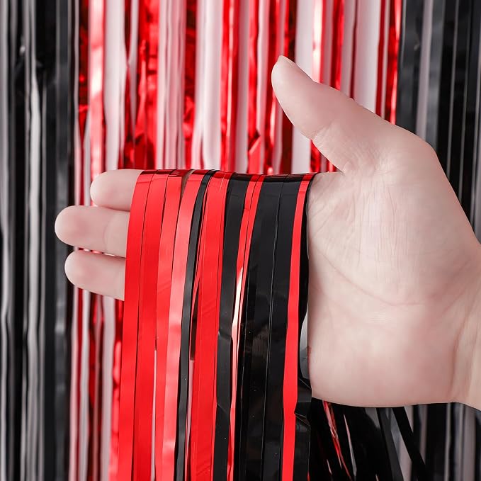 Voircoloria Red and Black Foil Fringe Backdrop Curtains, 3 Pack | Tinsel - Image 2