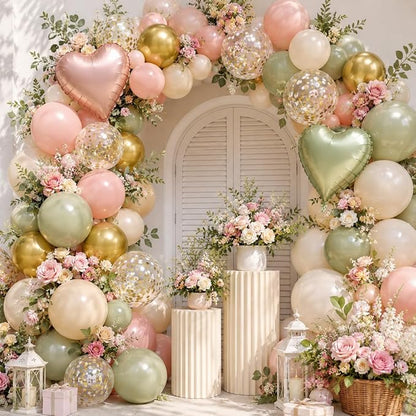 Pink and Green Balloons, 12 Inch Retro Sage Green Pink Nude Metallic Gold - Image 6