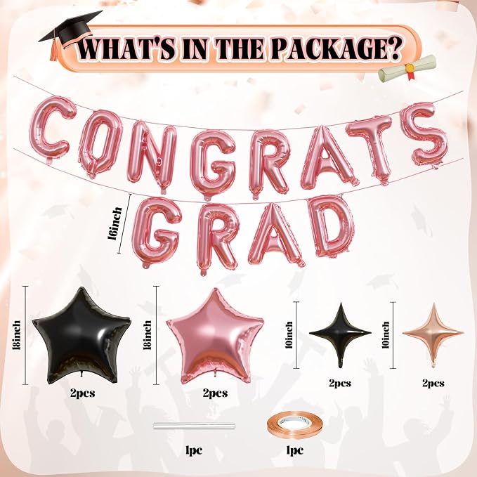 Congrats Grad Balloons, 16 Inch Rose Gold Black Congrats Grad Letters Banner - Image 2