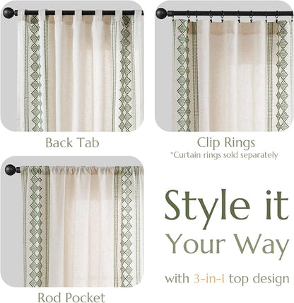 jinchan Floral Linen Curtains Embroidered Back Tab 50x84in 2 Panels Green | - Image 6