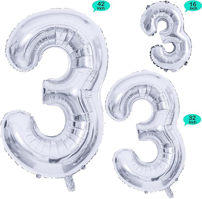 Silver Foil Balloons Number 3, Huge Number Balloons - Image 2