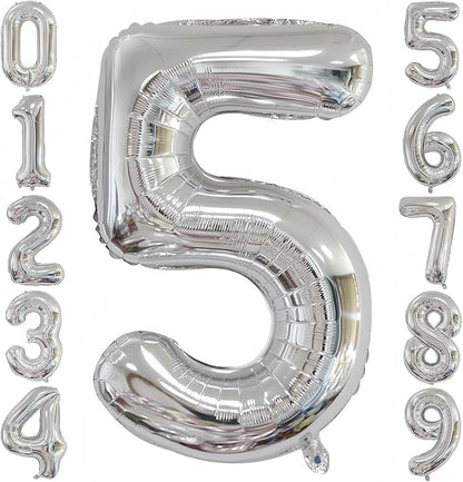 Silver 5 Balloon, 40 Inch Number 5 Balloon, 5 Birthday Balloon Decorations by BBPOOL