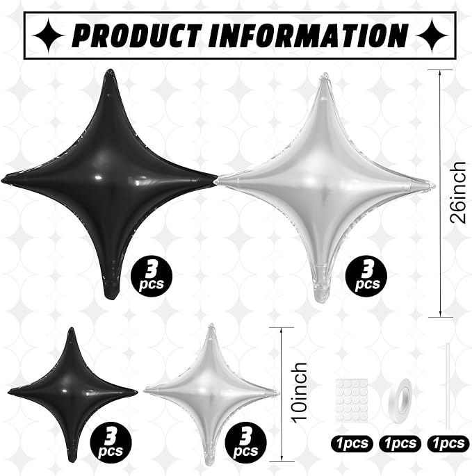 Black Silver Star Balloons, 26Inch and 10Inch Black Silver Quadrangle Helium - Image 2