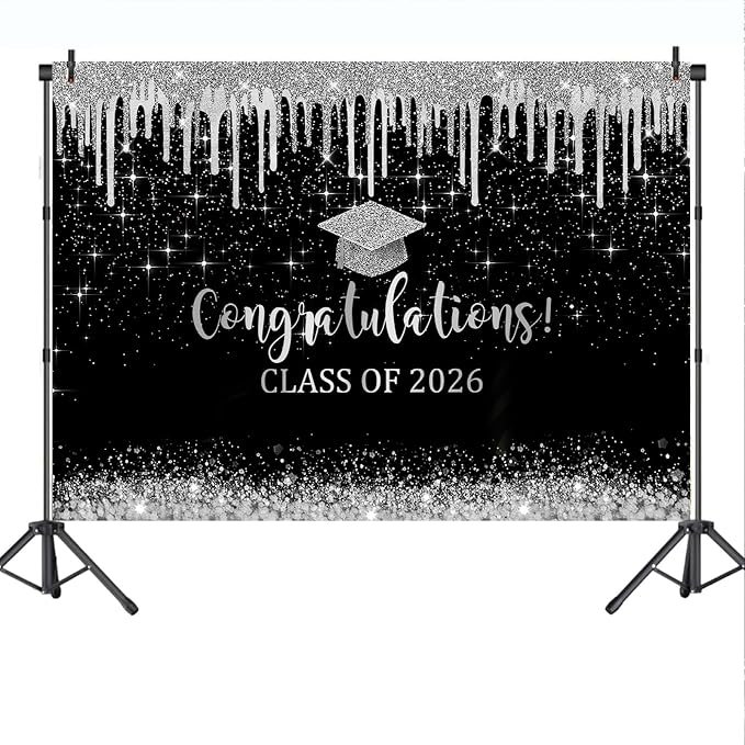 Mocsicka 10x7ft Class of 2026 Graduation Backdrop Black and Sliver Glitter 2026 - Image 7