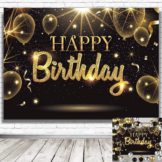 Black Gold Happy Birthday Party Decorations Backdrop - Image 3