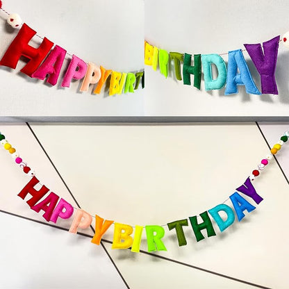 Pre-Strung Happy Birthday Banner, Reusable HAPPY BIRTHDAY Felt Ball Garland | - Image 3