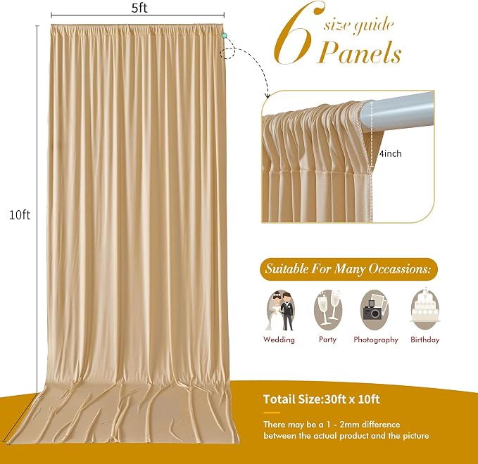 30 ft x 10 ft Wrinkle Free Champagne Backdrop Curtain - Image 7