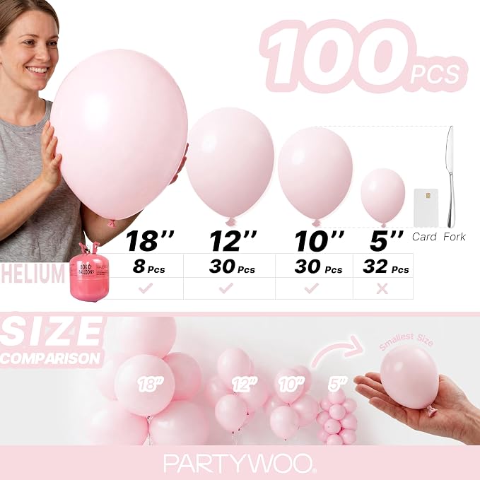 PartyWoo Pale Pink Balloons 100pcs Light Pastel Baby Pink Color | 18 12 10 5 - Image 6